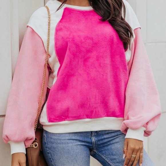 Pink Casual Womens Colorblock Lantern Sleeve Sweatshirt - Picture 3 of 5